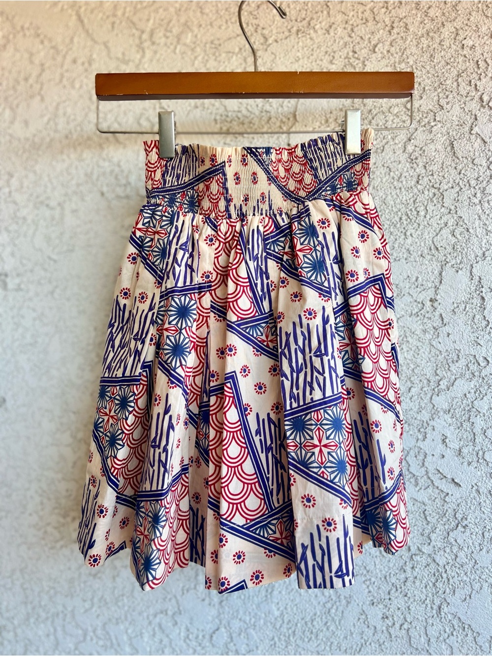 BURU Smocked Waist Circle Skirt in Cream with Red & Blue Print